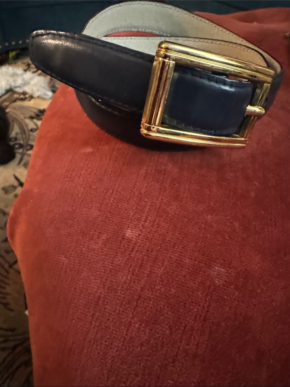 Liz Claiborne Navy Leather Belt with Gold-Tone Buckle